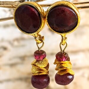 8 Carats Natural Rough Ruby And Ruby Bead Earrings In Brushed Gold Plated
